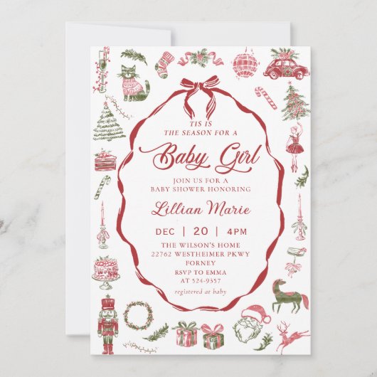 Red Bow Christmas Baby Shower Invitation 招待状 (正面)