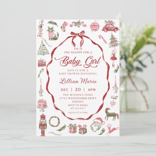 Red Bow Christmas Baby Shower Invitation 招待状 (スタンド正面)