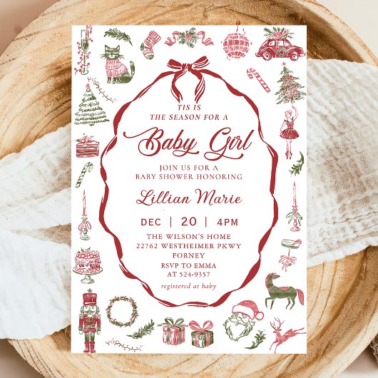 Red Bow Christmas Baby Shower Invitation 招待状
