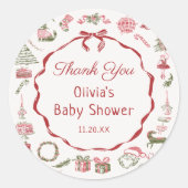 Red Bow Christmas Baby Shower Sticker  ラウンドシール (正面)