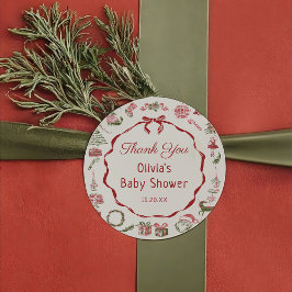 Red Bow Christmas Baby Shower Sticker  ラウンドシール