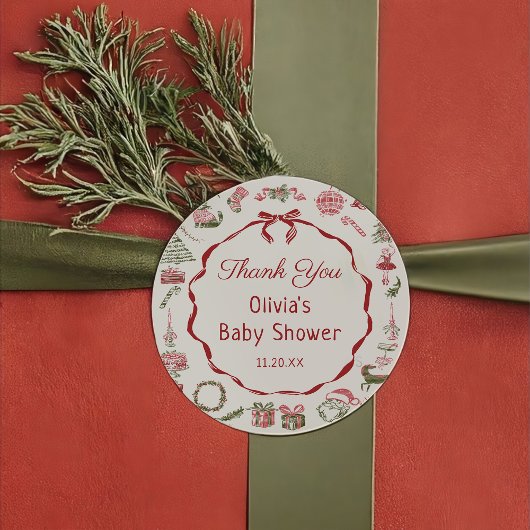 Red Bow Christmas Baby Shower Sticker  ラウンドシール