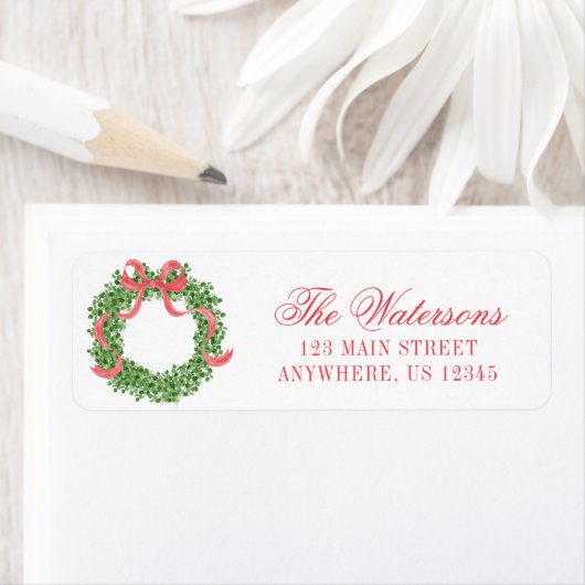 Red Bow Christmas Boxwood Wreath Address ラベル (インサイチュ)