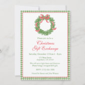 Red Bow Christmas Boxwood Wreath Party 招待状 (正面)