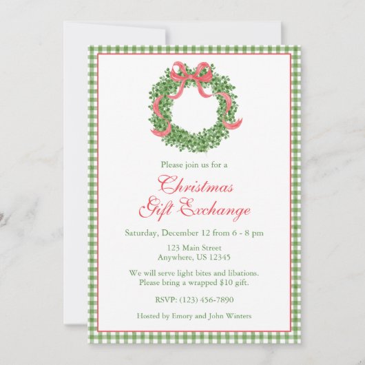 Red Bow Christmas Boxwood Wreath Party 招待状 (正面)