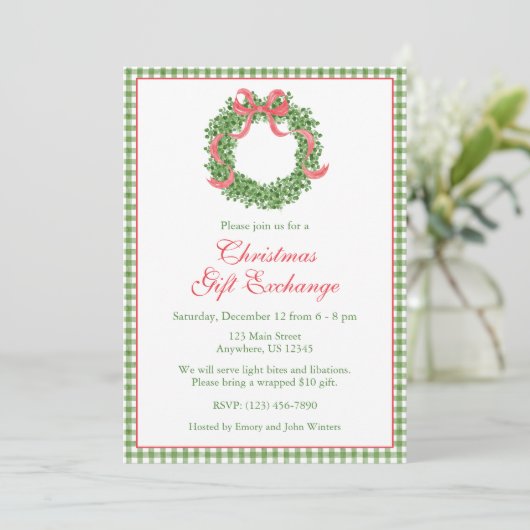 Red Bow Christmas Boxwood Wreath Party 招待状 (スタンド正面)