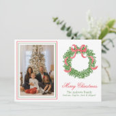 Red Bow Christmas Boxwood Wreath Photo シーズンカード (スタンド正面)
