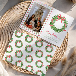 Red Bow Christmas Boxwood Wreath Photo シーズンカード