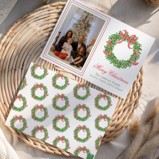 Red Bow Christmas Boxwood Wreath Photo シーズンカード