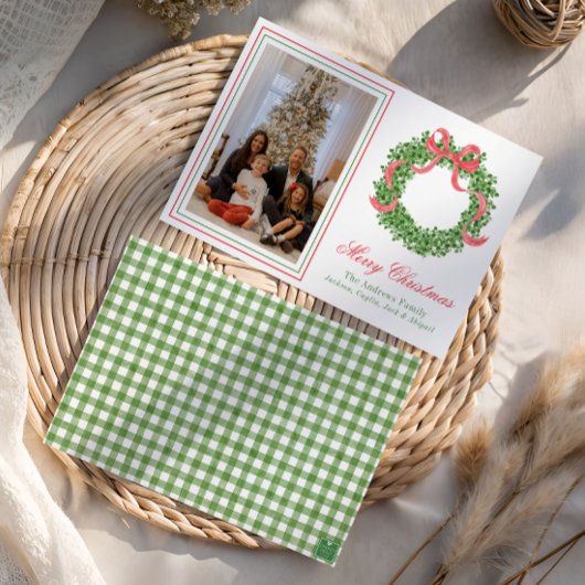 Red Bow Christmas Boxwood Wreath Photo シーズンカード