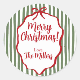 Red Bow Christmas, Green Stripe Custom ラウンドシール