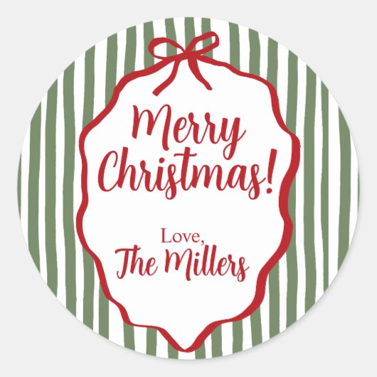 Red Bow Christmas, Green Stripe Custom ラウンドシール (正面)