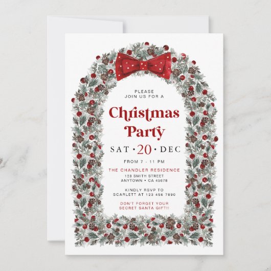 Red Bow Christmas Party Invitation Holiday Dinner 招待状 (正面)