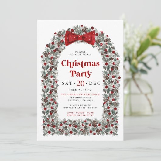 Red Bow Christmas Party Invitation Holiday Dinner 招待状 (スタンド正面)