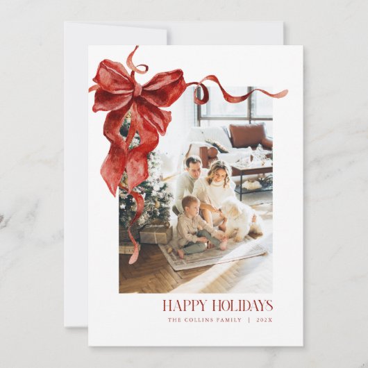 Red Bow Christmas Photo Card Coquette Holiday Card シーズンカード (正面)