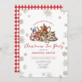Red Bow Christmas Tea Adult Birthday Party Floral 招待状 (正面/裏面)