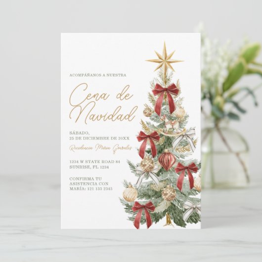 Red Bow Christmas Tree Cena De Navidad Dinner 招待状 (スタンド正面)