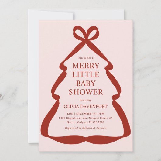 Red Bow Christmas Tree Merry Little Baby Shower 招待状 (正面)