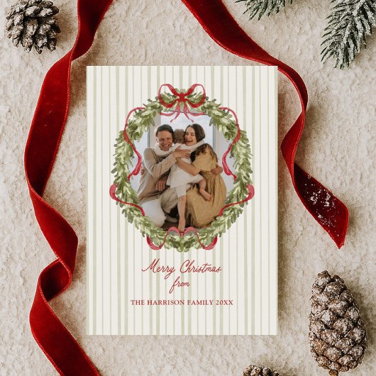 Red Bow Christmas Wreath Photo シーズンカード