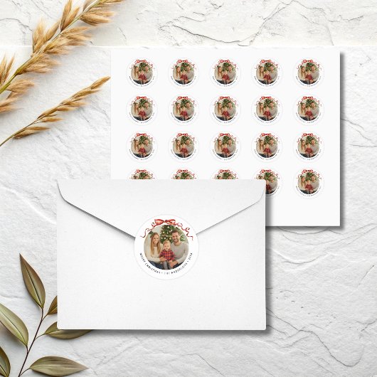 Red Bow Circle Christmas Photo ラウンドシール