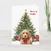 Red Bow Cockapoo Dog Christmas Tree Card シーズンカード (正面)