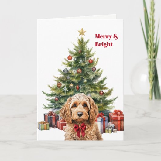 Red Bow Cockapoo Dog Christmas Tree Card シーズンカード (正面)