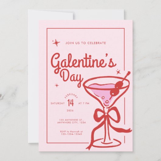 Red Bow Cocktail Galentine's Day 招待状 (正面)