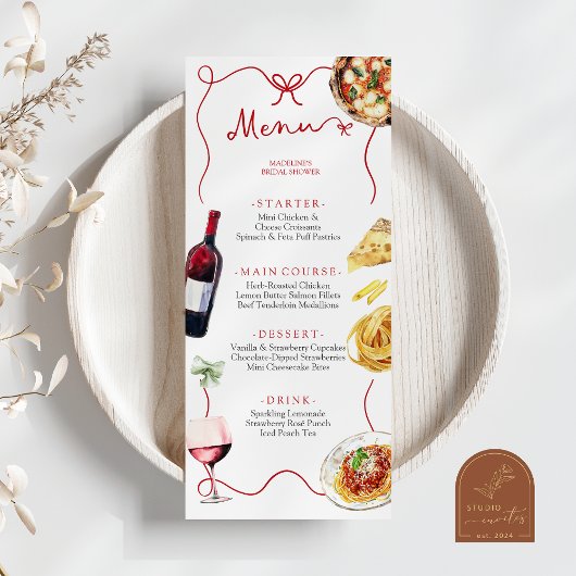 Red Bow Coquette Italian Bridal Shower Menu メニュー