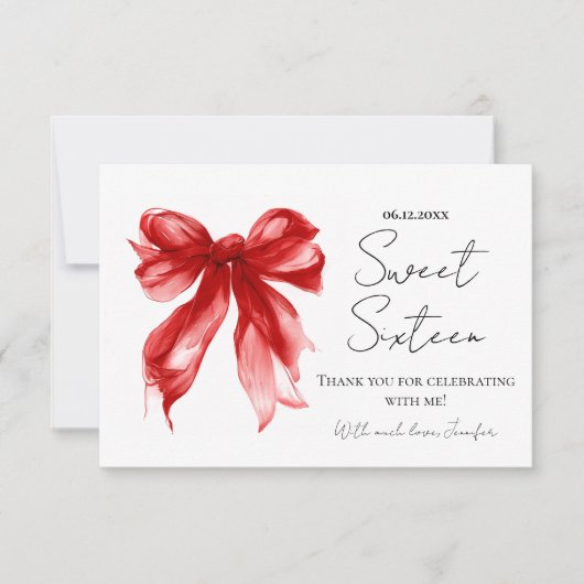 Red Bow Coquette Script Sweet 16 サンクスカード サンキューカード (正面)