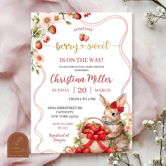 Red Bow Coquette Strawberry Bunny Baby Shower Invi 招待状