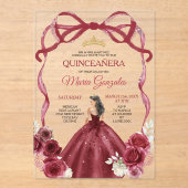 Red Bow Frame Princess Gold Crown Girl Quinceañera アクリル招待状 (正面)