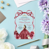 Red Bow Frame Princess Gold Crown Girl Quinceañera アクリル招待状 (インサイチュ (ウェディング))