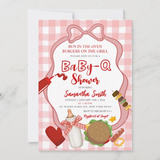 Red Bow Gingham  Babyq baby shower invitation 招待状 (正面)