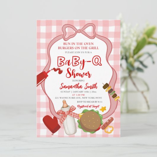 Red Bow Gingham  Babyq baby shower invitation 招待状 (スタンド正面)