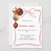 Red bow gold baubles Christmas Party 招待状 (正面)