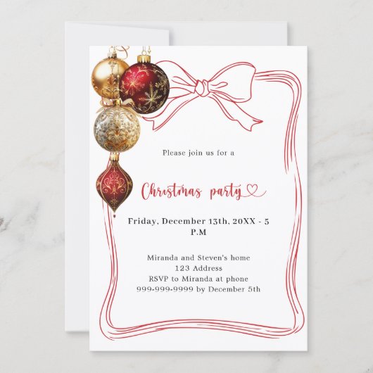 Red bow gold baubles Christmas Party 招待状 (正面)
