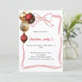Red bow gold baubles Christmas Party 招待状 (スタンド正面)