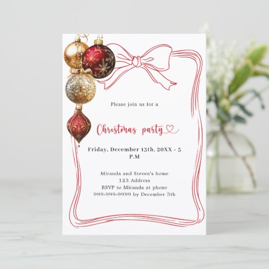 Red bow gold baubles Christmas Party 招待状 (スタンド正面)