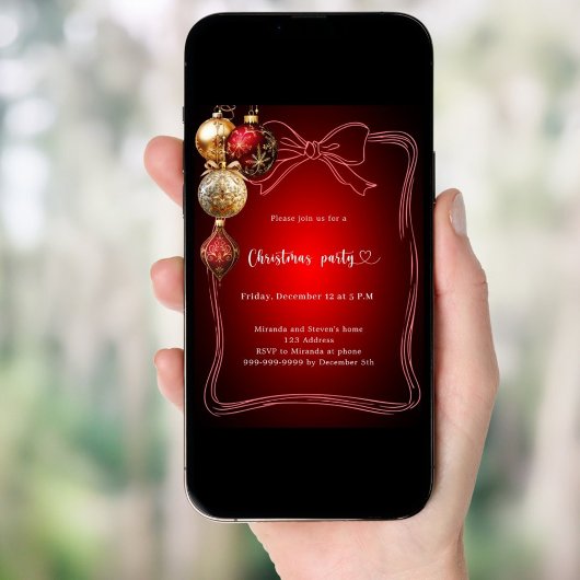 Red bow gold baubles hand-drawn Christmas Party 招待状