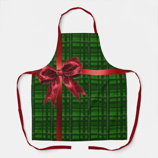 Red Bow Green Gingham Plaid Christmas Present  エプロン (正面)