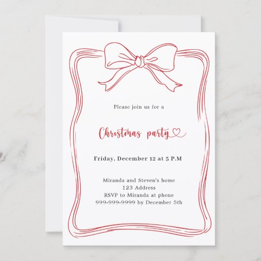 Red bow hand-drawn Christmas Party 招待状 (正面)
