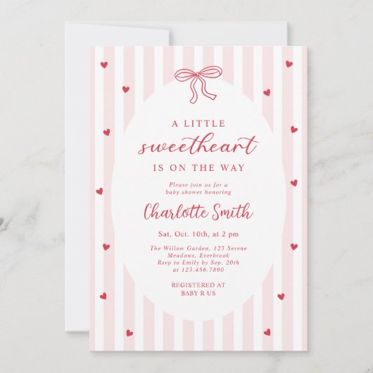 Red Bow Hearts Valentines Baby Shower 招待状 (正面)