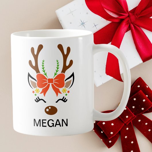 Red Bow Holiday Antlers Reindeer Face コーヒーマグカップ