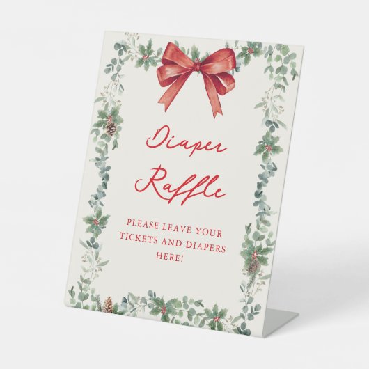 Red Bow Holiday Baby Shower Diaper Raffle 台座サイン (正面)