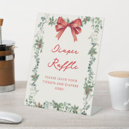 Red Bow Holiday Baby Shower Diaper Raffle 台座サイン
