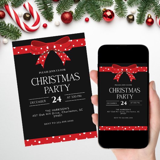 Red Bow Holiday Christmas Dinner 招待状