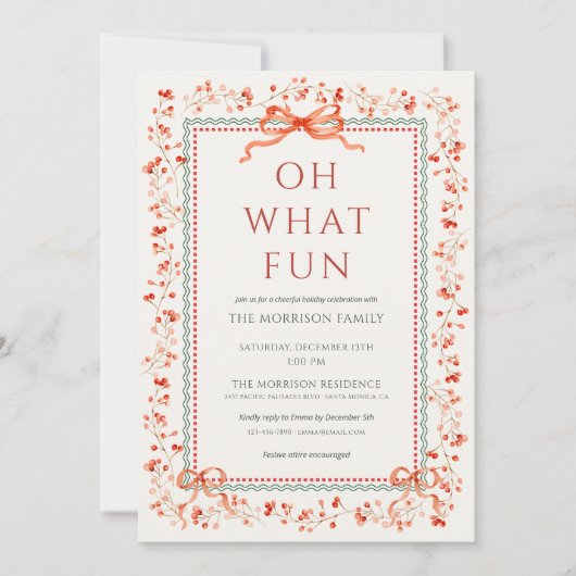 Red Bow Holiday Holly Christmas Party  招待状 (正面)