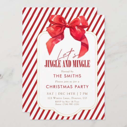 Red Bow Holiday Jingle and Mingle Christmas Party 招待状 (正面/裏面)