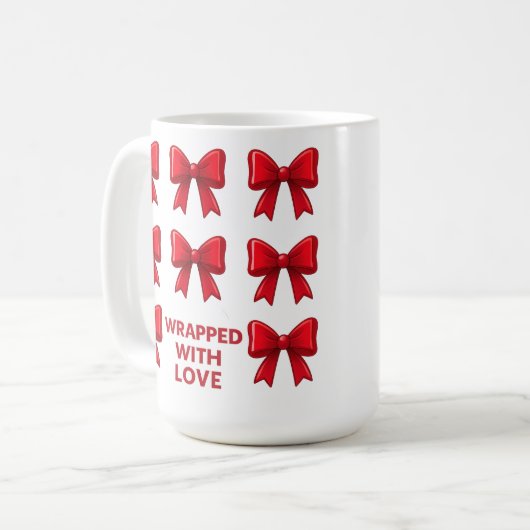Red Bow Holiday Pattern Wrapped With Love コーヒーマグカップ (正面左)