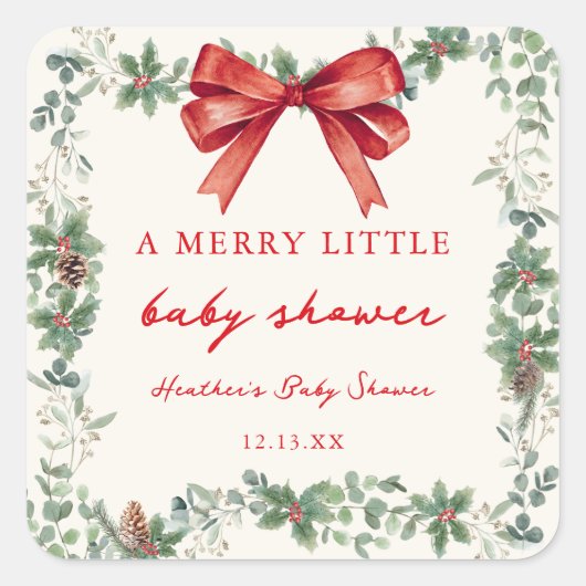 Red Bow Merry Little Christmas Baby Shower スクエアシール (正面)